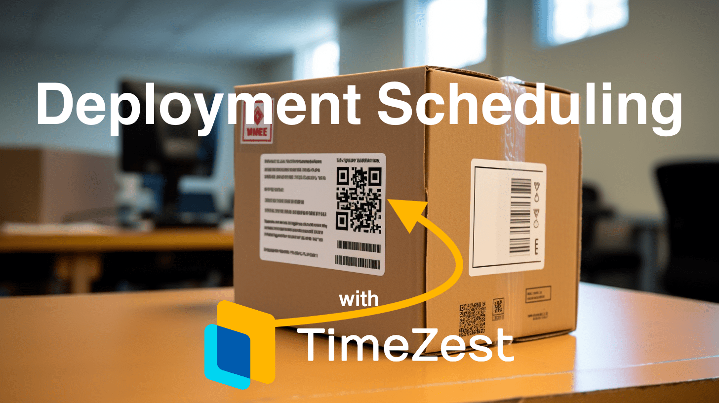 A cardbord box with a QR code on it. Overlayed text is "deployment scheduling with TimeZest"