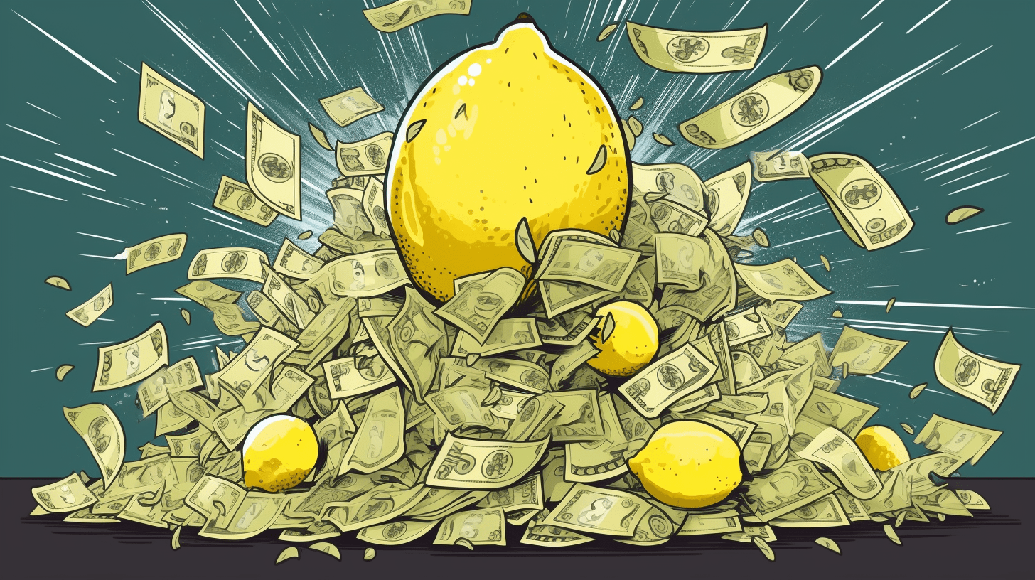 A giant lemon surrounded by cash