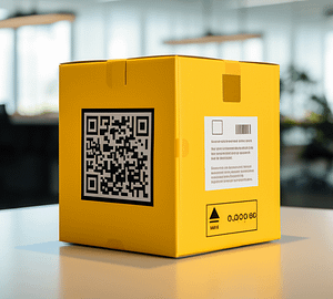 A yellow cardboard box with a QR code on it.