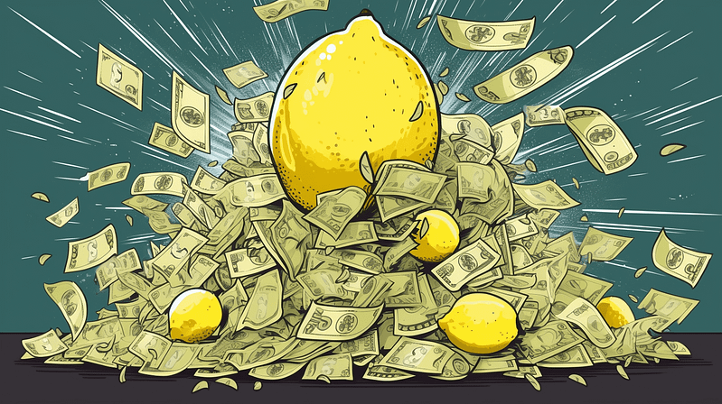 A giant lemon surrounded by cash