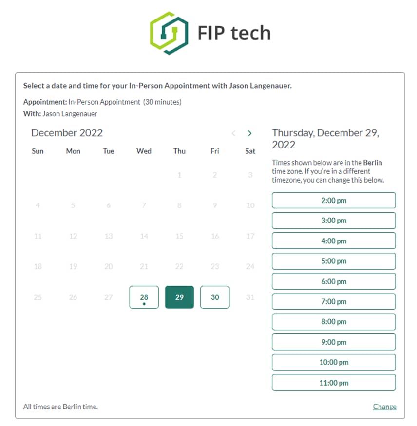 A screenshot of TimeZest's scheduling user interface that shows how customers can pick a date and time.